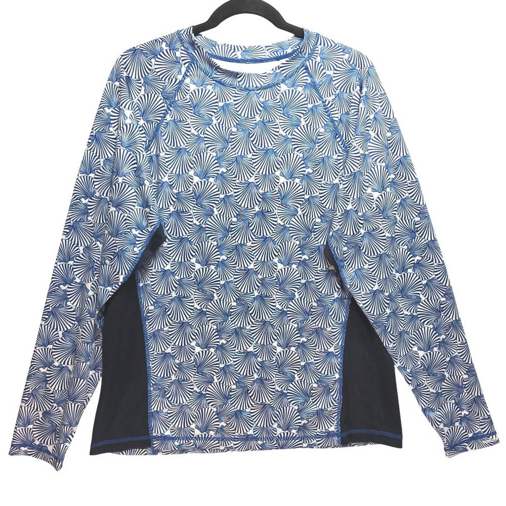 Tormenter Fishing Mens Blue Seashell Rash Guard SPF 50 Long Sleeve Shirt Large